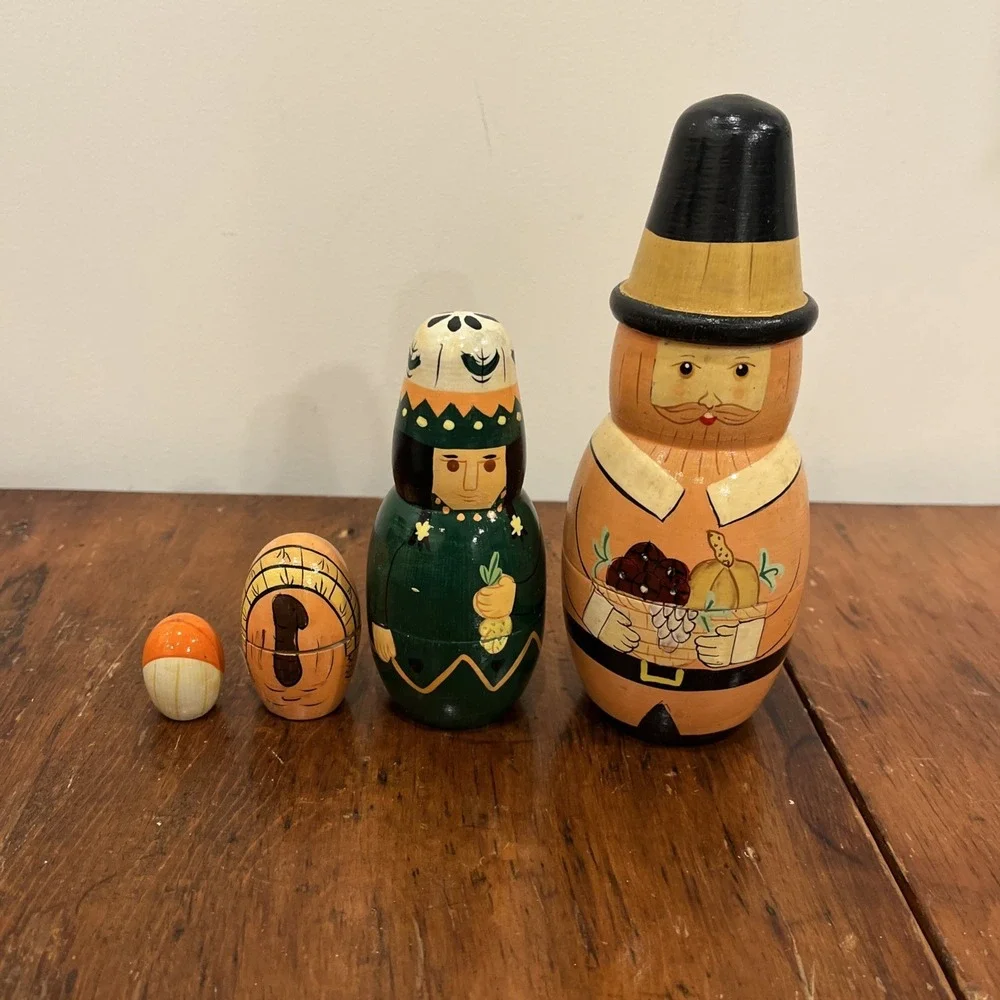 Thanksgiving Theme Nesting Dollsl Set of 4 Hand Painted Pilgrim, Indian, Turkey